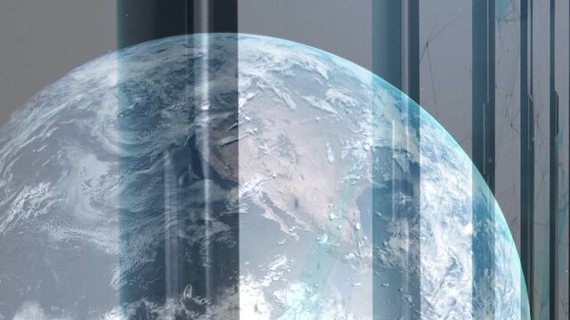 Planet rotating as timeline advancing, bands sweeping right, dark columns revealing globe for tech