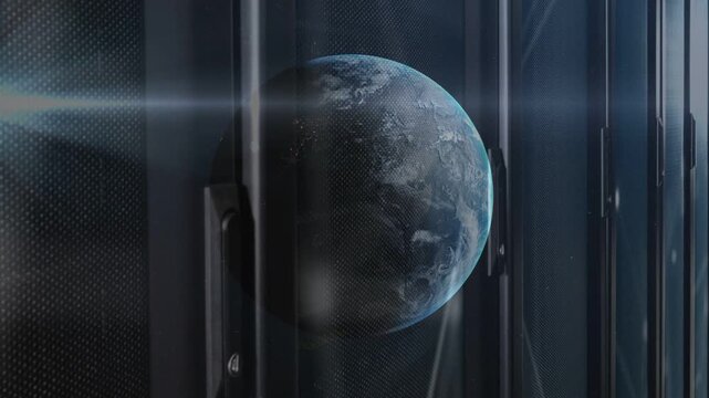 Lens flare sweeping left revealing Earth globe rotating, casting diagonal beams across glass panels