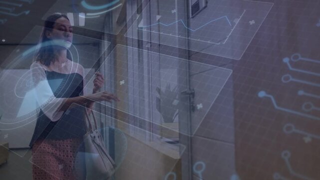 Woman walking office reaching into tote presenting key unlocking door entering room with AR panels