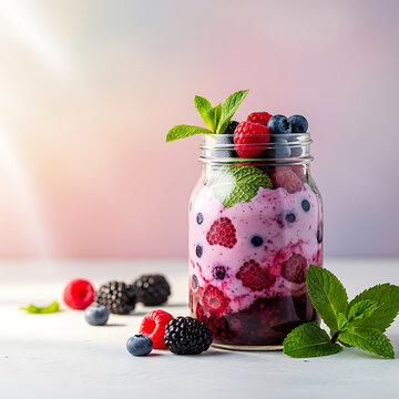 Healthy Berry Smoothie in Mason Jar with Fresh Raspberries Blueberries and Mint