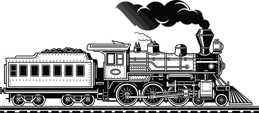 Steam locomotive vintage black white vector illustration retro train engine rail transport classic industrial railway travel engraving style detailed monochrome