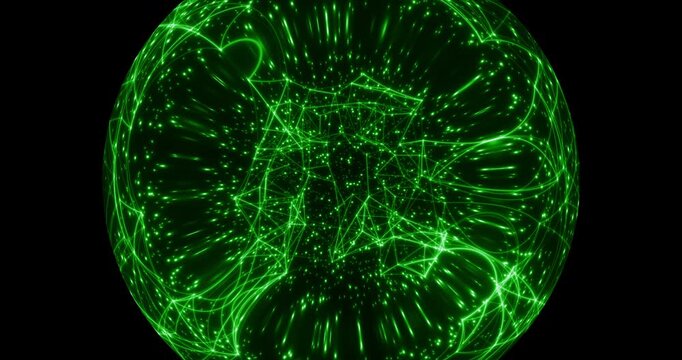 Seamless loop. An abstract luminous sphere demonstrates the dynamic motion of particles moving in a circle. The internal structure of many intertwining lines and dots alternately disintegrates and ref
