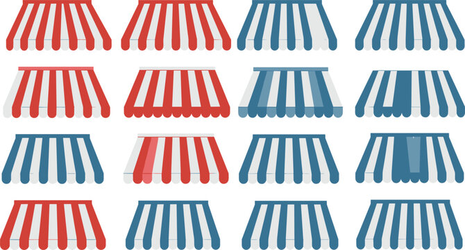 Set of striped shop awnings in red and blue colors, storefront canopy collection, market stall covers, retail exterior design vector illustration