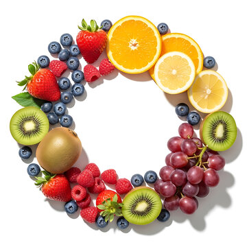 Top View of Colorful Mixed Fruit Circle Frame Isolated on White Background