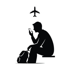 Traveler sitting with smartphone and backpack at airport terminal waiting for flight in black silhouette © ADURI