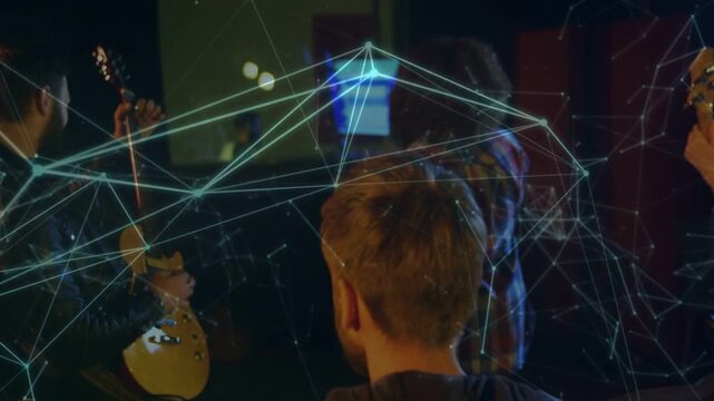 Drummer touching ear and raising sticks, drawing guitars into rehearsal with overlay linking to kit