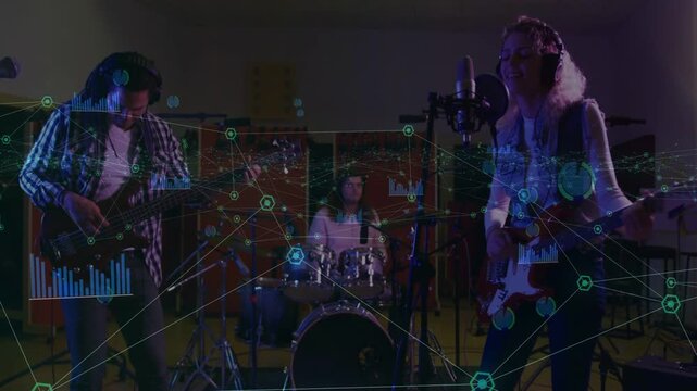 Musicians rehearsing in studio, camera panning across band while animated hex and EQ bars syncing