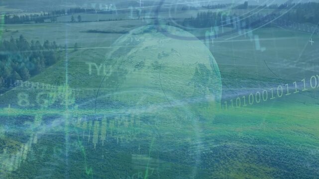 Pale globe growing and adding data overlay showing candles lines and binary over fields for data