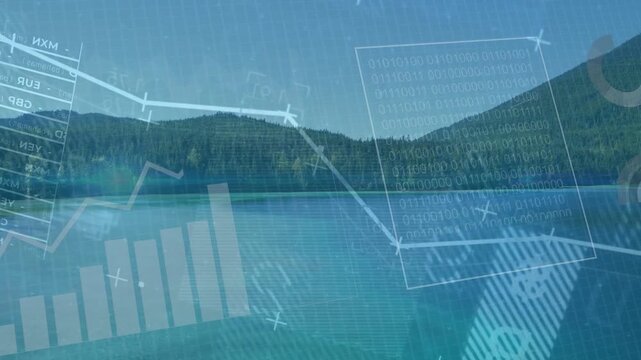 Scenic alpine lake displaying rotating pie charts and rising bars as data collection starting