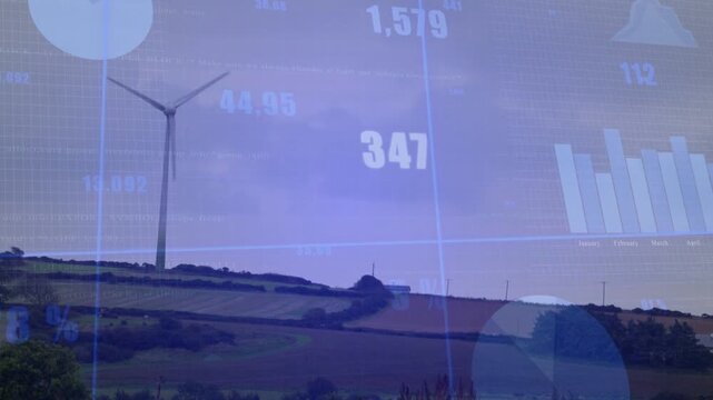 Data overlay appearing across ridge, turbine blades rotating, charts updating, showing power output