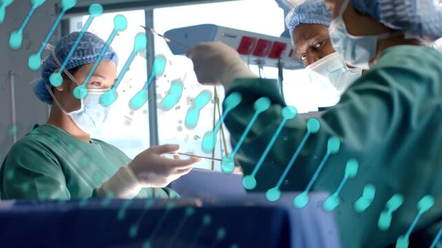 Surgical team passing tools with assistant reaching, operating while teal overlay obscuring staff