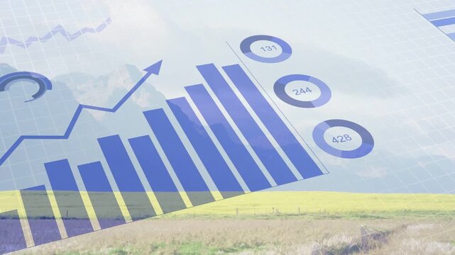 On load translucent infographic over field animating bars, line, gauges, pie showing farming trends