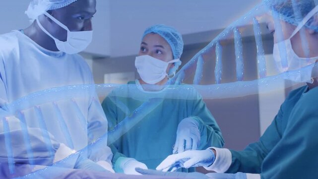 Surgical team operating as lead surgeon handling tools DNA helix drifting across view hiding hands