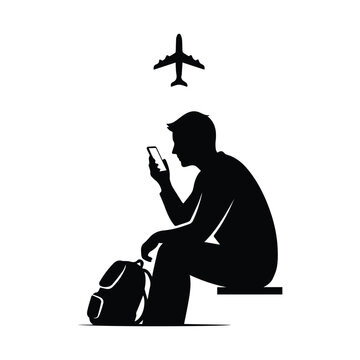 Traveler sitting with smartphone and backpack at airport terminal waiting for flight in black silhouette