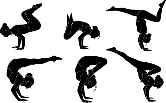 Yoga Crow Pose Balance Silhouette, Advanced Yoga Arm Balance Exercise, Mindfulness and Physical Wellness Concept, Zen Meditation and Flexibility Vector