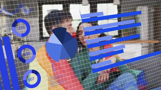 Man shifting forward, wrapping arm; nonbinary partner leaning, tech charts overlaying and updating