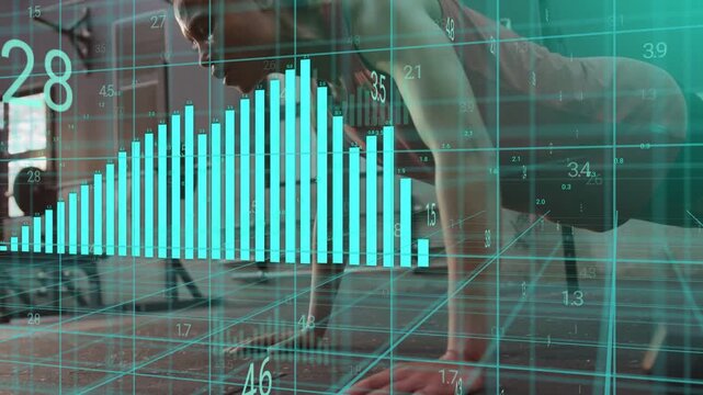 Woman trainee performing pushups in gym, watch sending data, overlay measuring reps and performance