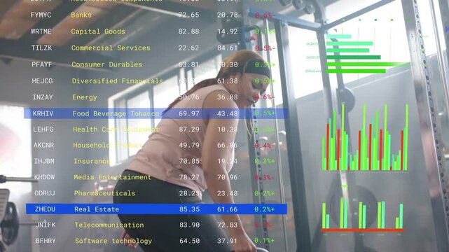 Woman reaching for kettlebell by rack, rowing onearm fitness reps while faint finance HUD updating