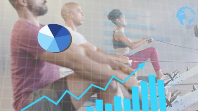 3 rowers rowing in sync while camera shifting and charts overlaying rowers, collecting fitness data