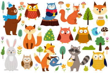 Obraz premium Amazing forest animals collection. Cute woodland characters clipart set in cartoon style. Bear, owl, fox, squirrel and more. Vector illustration