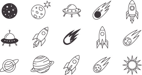 Collection of cartoon space featuring planets rockets and U F Os comet © Mahin