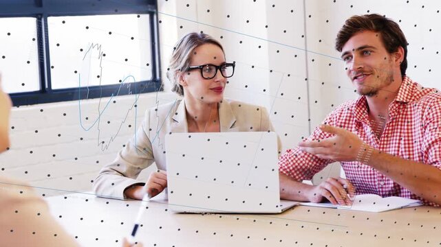 Left staff asking, man explaining, woman nodding, discussing business near laptop, glass scribbles