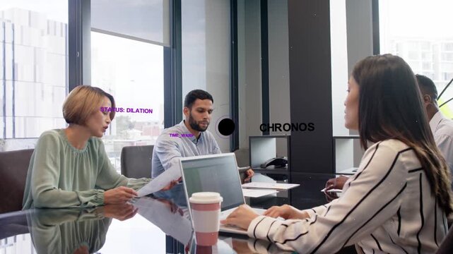 Left woman raising papers and speaking, business team reviewing status with CHRONOS highlighting