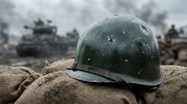 Close-up of a damaged World War II military helmet resting on sandbags with a blurry tank and smoke on a battlefield background.