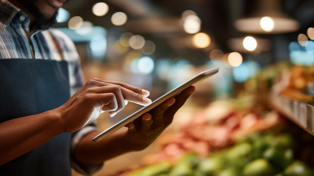 Close up of hands holding a digital tablet while standing in a bright grocery store aisle showing a stock management dashboard with product availability fresh produce visible