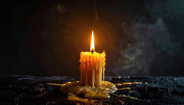 A Lit Candle With Melting Wax Dripping Onto a Dark Charred Surface, Emitting Warm Light