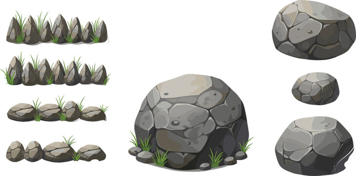 Rock and Grass Vector Set with Different Arrangements of Stones and Vegetation for Natural and Outdoor Landscape Designs