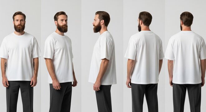 Studio shot of bearded man in oversized white t-shirt from front and back side views against a clean backdrop casual style