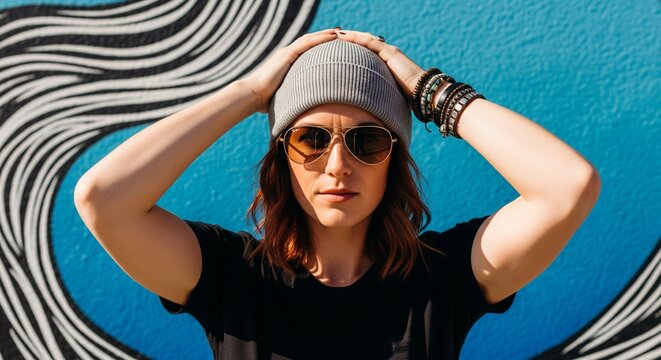 Stylish woman in beanie and sunglasses posing against vibrant mural; cool street fashion portrait with bracelets and casual style