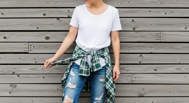 Stylish woman in white t-shirt and ripped jeans with green plaid shirt tied at waist against a gray wooden wall