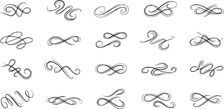 Collection of twenty hand drawn dark grey flourishes and swirls white decorative