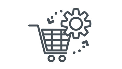 E-commerce optimization vector icon featuring a shopping cart with a gear and circular arrows, symbolizing automated retail processes, online store management, and shopping cart settings. © MDNABIULISLAM
