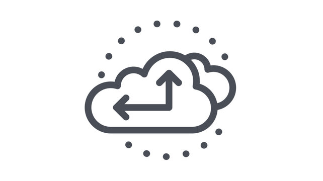 Black vector icon illustration of cloud computing time and history. Minimalist symbol featuring overlapping clouds with a clock face and arrows, representing cloud backup, scheduling, or storage.