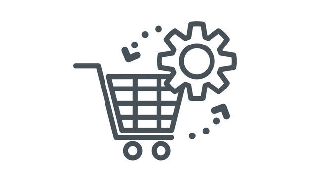 E-commerce optimization vector icon featuring a shopping cart with a gear and circular arrows, symbolizing automated retail processes, online store management, and shopping cart settings.