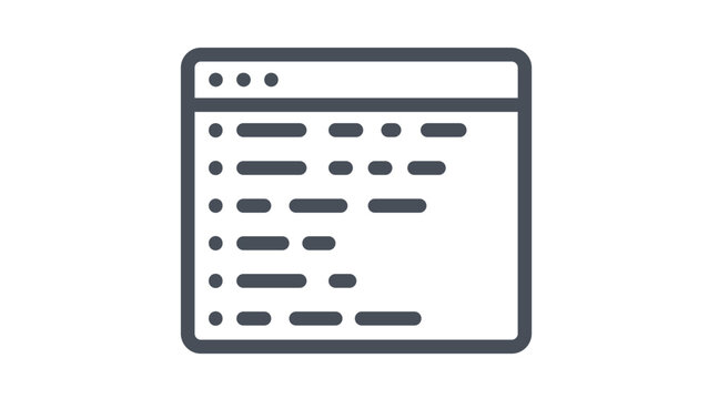 Minimalist black vector icon of a web browser window containing lines of code, symbolizing software development, web programming, application coding, and digital interface design on white background.