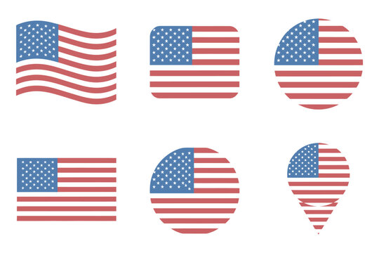 Set of american flag icons in various shapes including waving rectangular circular and location pin forms on transparent background grid