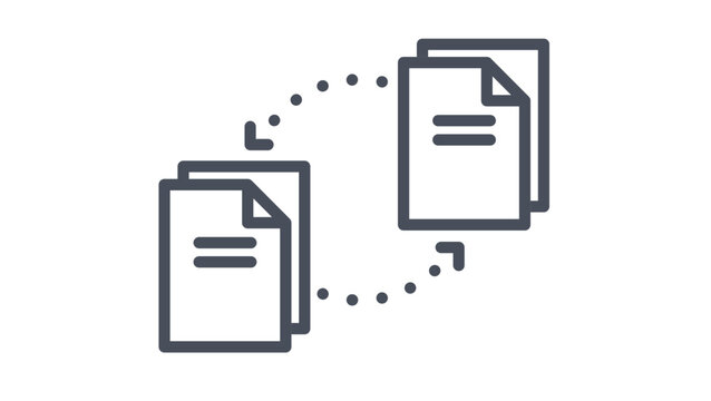 Black vector icon of two document stacks connected by circular dotted arrows, representing data transfer, file sharing, synchronization, or backup processes. Minimalist flat design illustration.