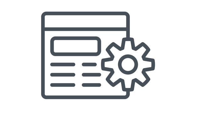 Web development and website settings vector icon illustration featuring a browser window with a gear cog symbol, representing technical configuration, SEO optimization, and system management.