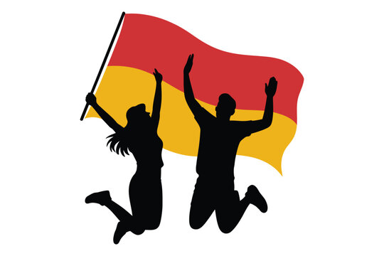 Silhouettes jumping with flag celebration victory success achievement