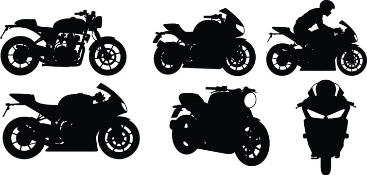 Set of black motorcycle vector silhouettes featuring various bike models from sport to chopper for transportation and road speed themes
