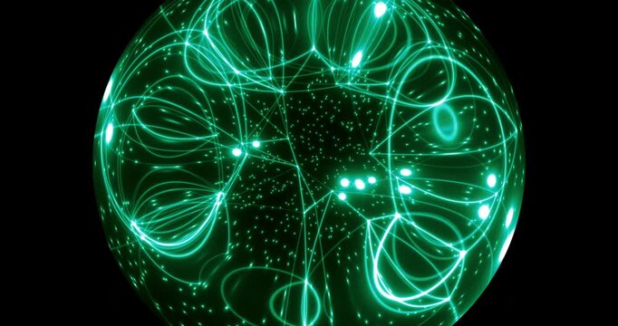 Seamless loop. An abstract luminous sphere demonstrates the dynamic motion of particles moving in a circle. The internal structure of many intertwining lines and dots alternately disintegrates and ref