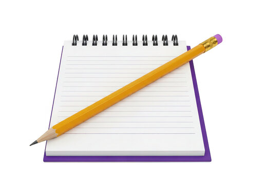 A purple notebook with a yellow pencil lying on top perfect for design work on transparent background
