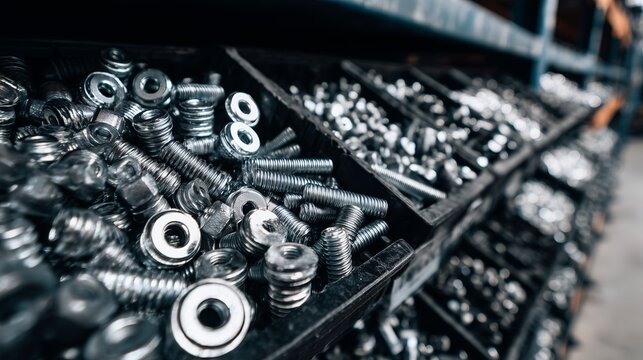 Various types of screws and bolts stored in a warehouse for manufacturing activities in the early morning hours