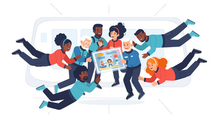 Fototapeta premium Diverse group of people jumping and holding a large poster together