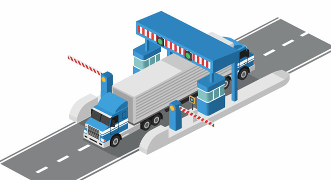 Isometric Illustration of a Blue Semi-Truck at a Highway Toll Booth Gate. Commercial Transportation and Logistics Concept Isolated on White Background.