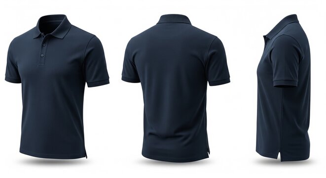 Navy blue short-sleeved polo shirt displayed in multiple views against a clean white background
